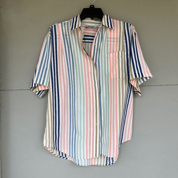 VTG 80s Corner Stone Pastel Stripe Shirt L XL Oversized Short Sleeve Button Up - Picture 7 of 9